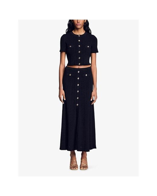 Sandro Black High-Rise Pointelle-Texture Knitted Maxi Skirt