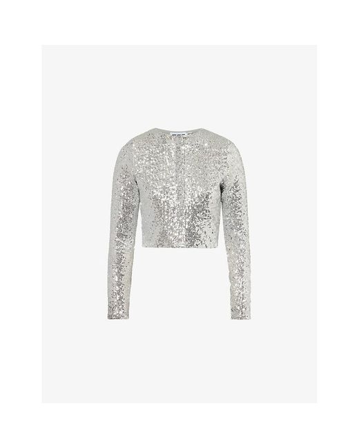 GOOD AMERICAN White Sequin-Embellishment Long-Sleeves Woven Top