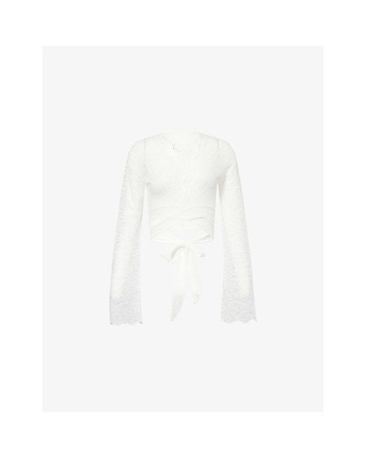 Away That Day White Palm Island Cropped Stretch-Lace Top