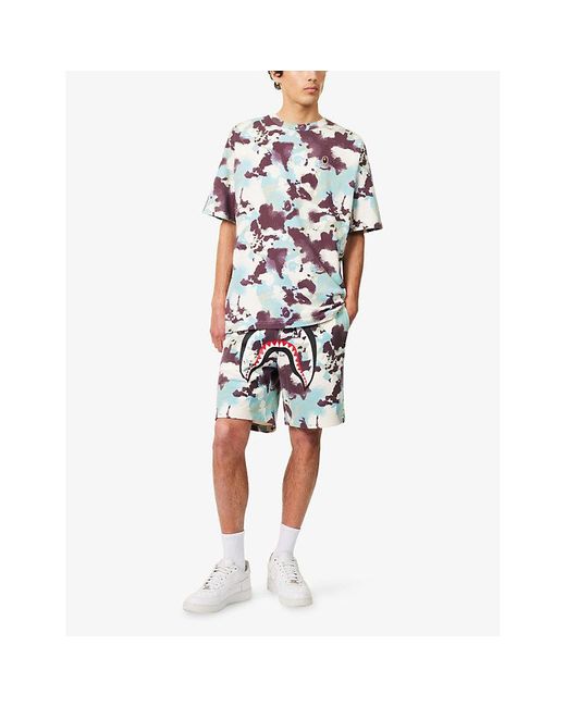 A Bathing Ape White Shark-Graphic Camo Cotton-Jersey Sweat Shorts for men
