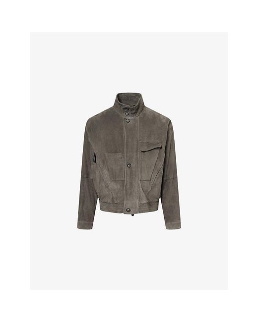Giorgio Armani Gray Stand-Collar Multi-Pocket Suede Jacket for men