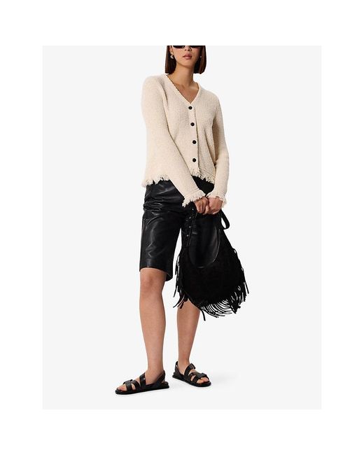 Whistles Natural Fringe-Trim Boucle-Knit Cardigan