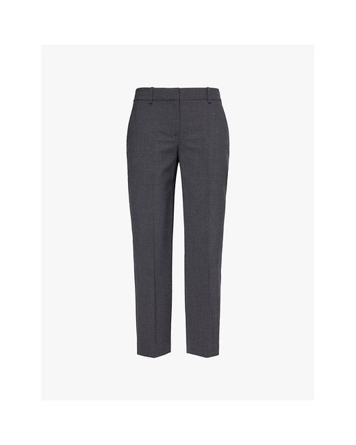 Theory Gray Pressed-Crease Tapered-Leg High-Rise Stretch-Wool Trousers