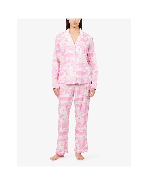 Desmond & Dempsey Pink Printed Long-Sleeve Cotton Pyjama Set