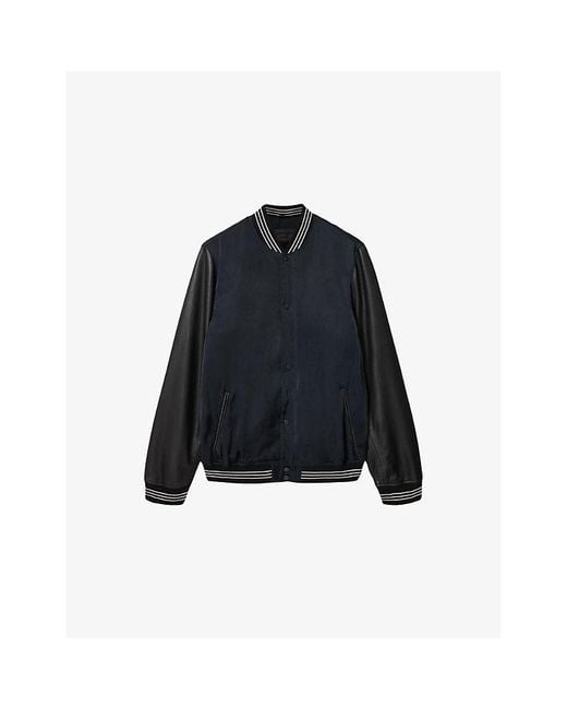 AllSaints Blue Taishi Leather-Sleeved Woven Bomber Jacket for men