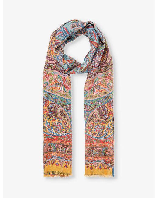 Etro White Paisley-print Fringed Cashmere And Silk-blend Scarf