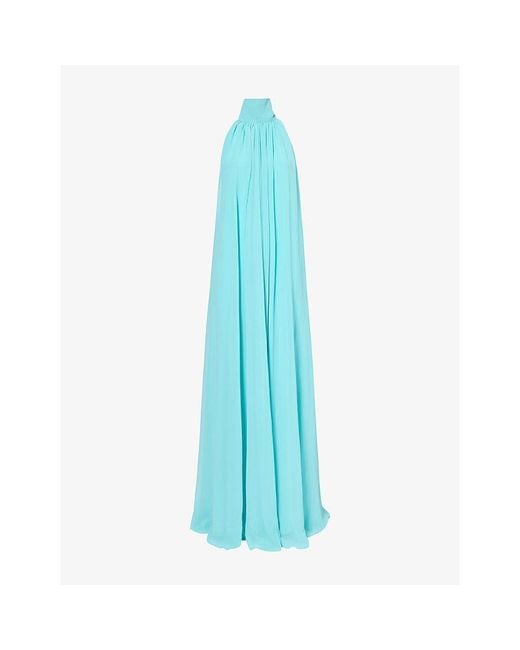 De La Vali Blue Adela High-Neck Tulle Maxi Dress