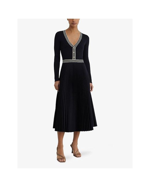 Reiss Black Gaia Pleated Knitted Midi Dress