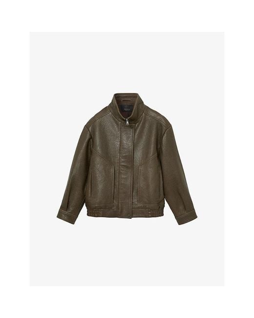 Reiss Green Kiara Oversized Leather Bomber Jacket