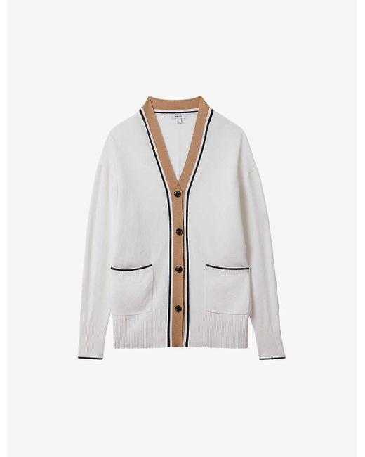 Reiss White Carly V-neck Contrast-trim Wool-blend Cardigan