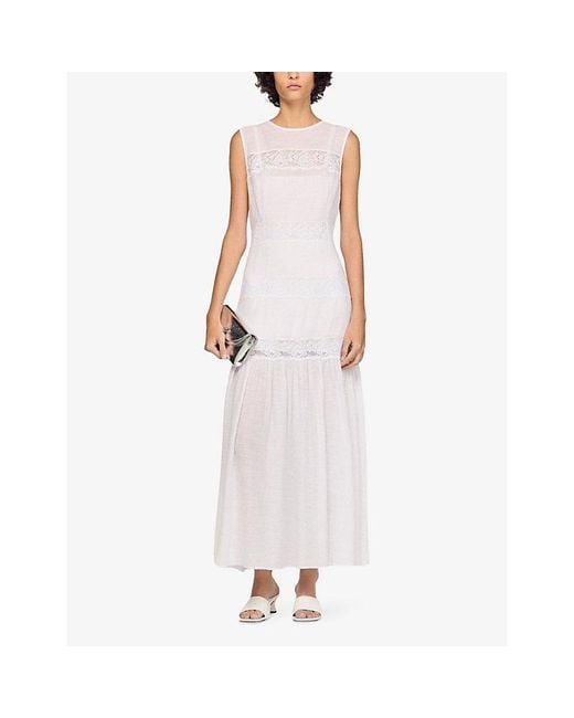 Sandro White Sleeveless Lace-Detail Linen-Blend Maxi Dress
