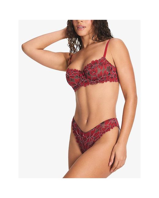 Savage x Fenty Red Floral Unlined Balconette Corded Lace Bra