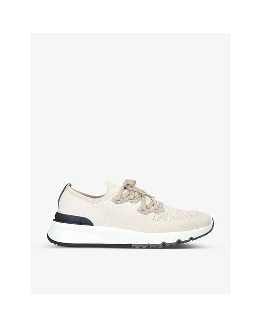 Brunello Cucinelli White Brand-Embossed Knitted Low-Top Trainers for men