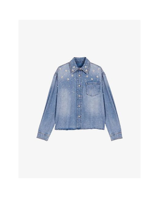 Maje Blue Flower-Embellished Denim Shirt