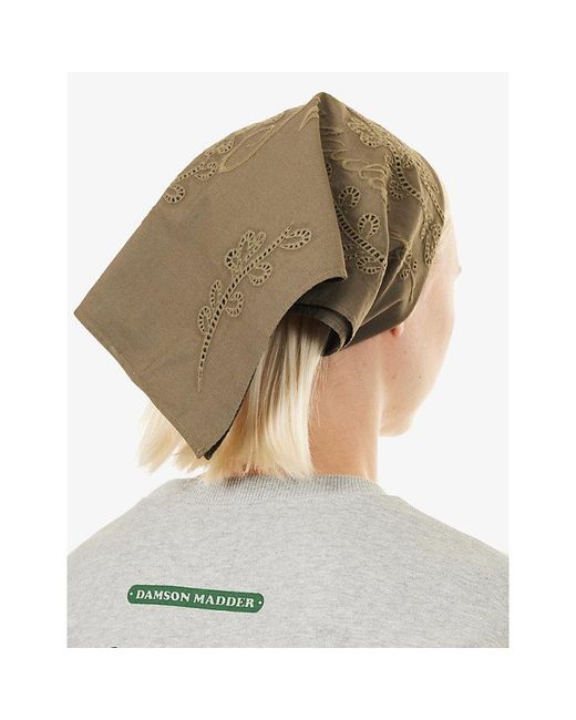 Damson Madder Green Floral Brand-Embroidered Cotton Headscarf 55Cm X 55Cm
