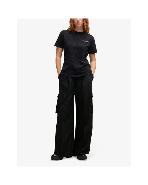 HUGO Black Flap-Pocket Wide-Leg High-Rise Stretch-Woven Trousers