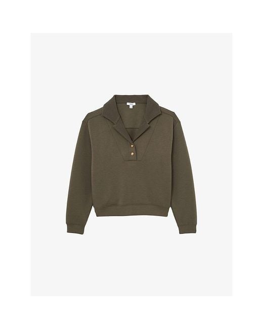 Reiss Green Bella Button-Neck Stretch-Jersey Sweatshirt