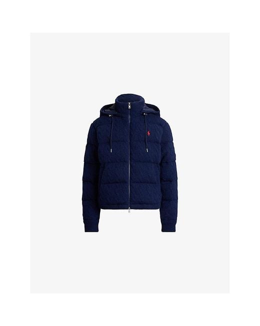 Polo Ralph Lauren Blue Hooded Cable-Knit Wool And Cashmere-Blend Puffer