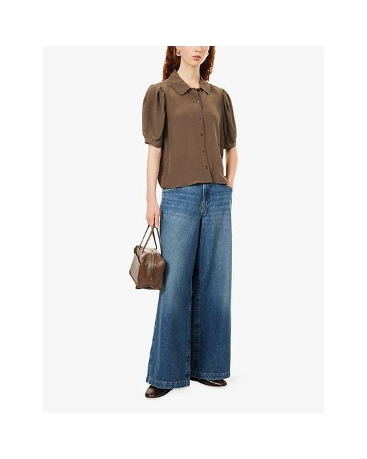 FRAME Brown The Prim Scalloped-Edge Silk Blouse