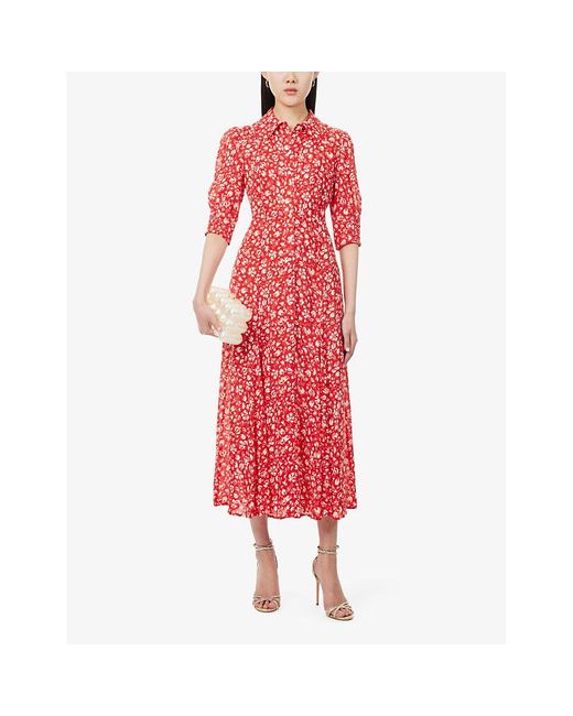 Rixo Red Bloom Floral-print Woven Midi Dress