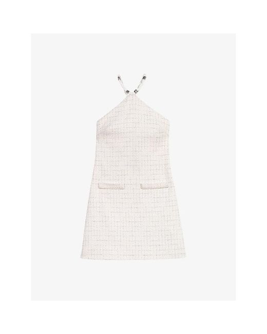 Maje White Halter-neck Sleeveless Tweed Mini Dress