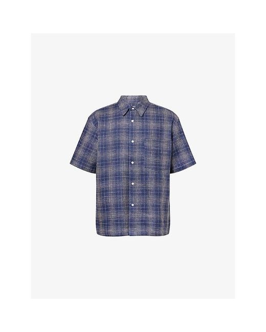 Palmes Blue Checked Short-Sleeve Cotton And Linen-Blend Shirt for men