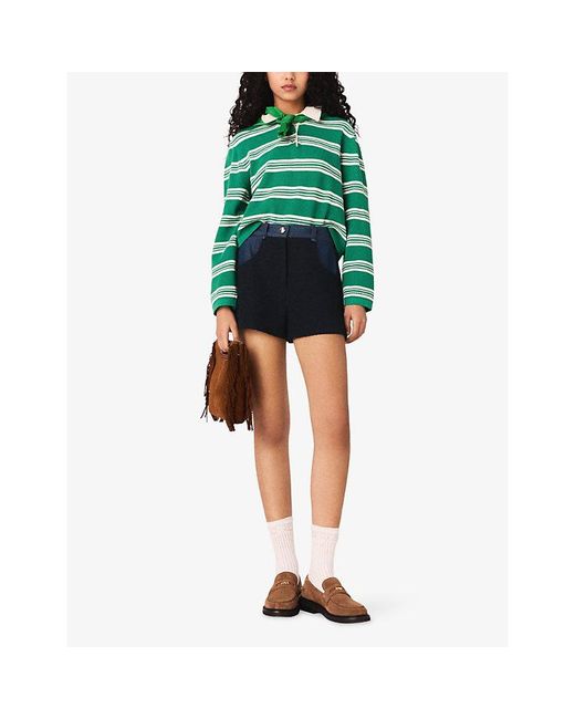 Maje Green Striped Cropped Cotton-Blend Polo Jumper