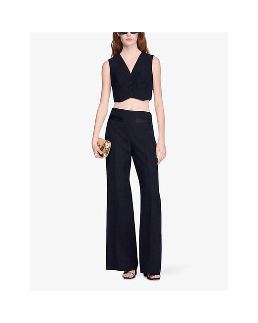 Sandro Black V-Neck Cropped Woven Top