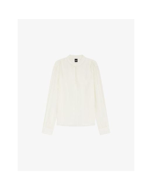 Boss White Stand-Collar Relaxed-Fit Silk Blouse