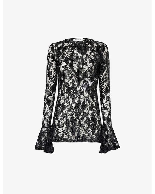 Nina Ricci Black Sequin-embellished Bell-sleeve Lace Top