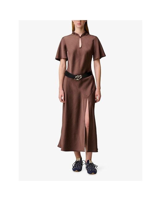 Claudie Pierlot Brown Short-Sleeved Keyhole Satin Midi Dress
