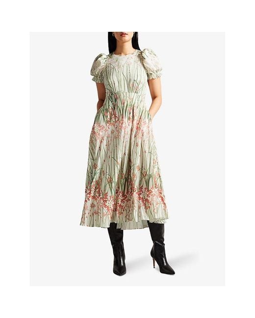 Ted Baker Natural Ruched-sleeve Floral-print Woven Midi Dress