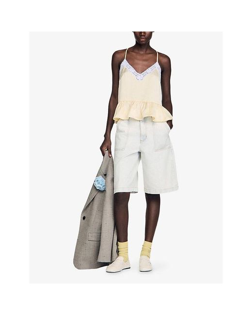 Sandro White V-Neck Ruffle-Hem Woven Top