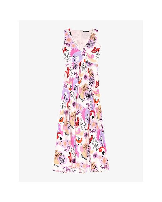 Maje Pink Graphic-print Cut-out Silk Maxi Dress