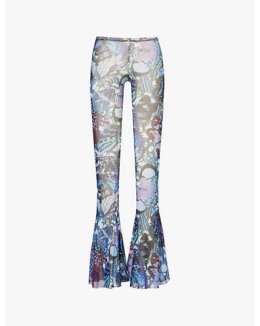Jean Paul Gaultier Blue Papillon Flared-leg Low-rise Printed Sheer Mesh Trouser