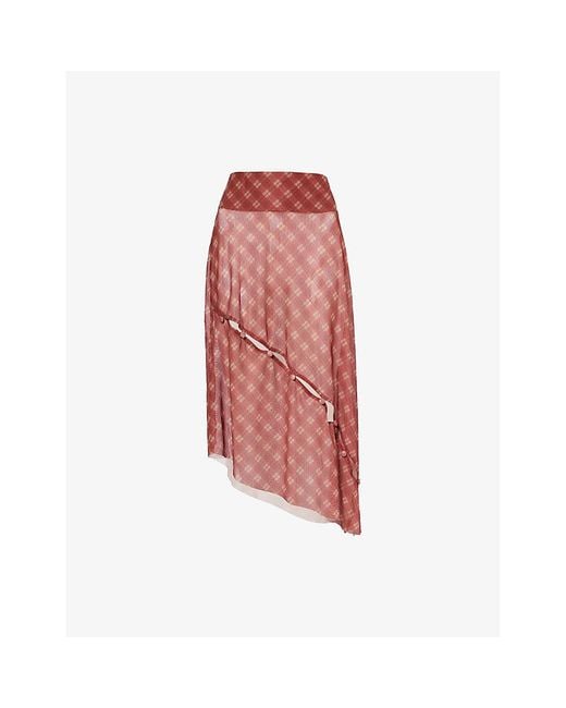 House Of Sunny Red Retro Check Asymmetric Stretch-Woven Midi Skirt