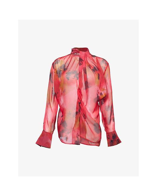 Victoria Beckham Red Drape Abstract-Print Silk Blouse