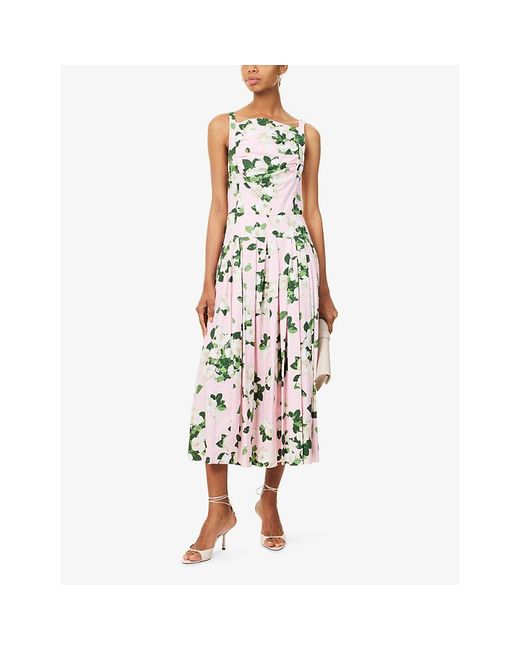 Carolina Herrera White Floral-Print Drop-Waist Cotton-Blend Midi Dress