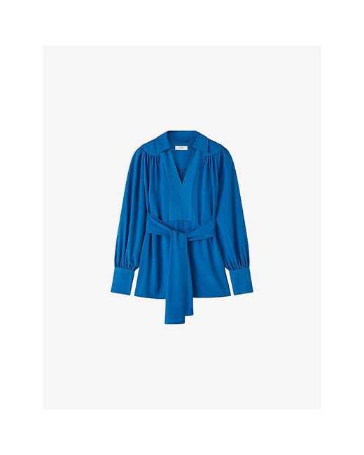 Joseph Blue Bou Belted-Waist Crepe Blouse