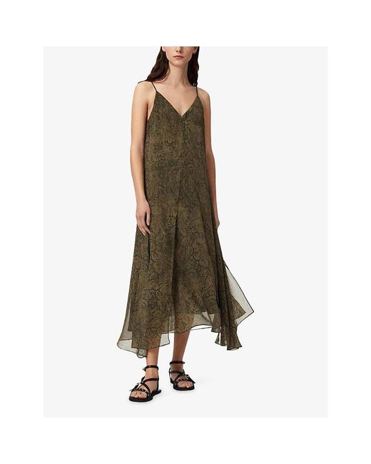 AllSaints Green Vanda V-Neck Graphic-Print Woven Midi Dress