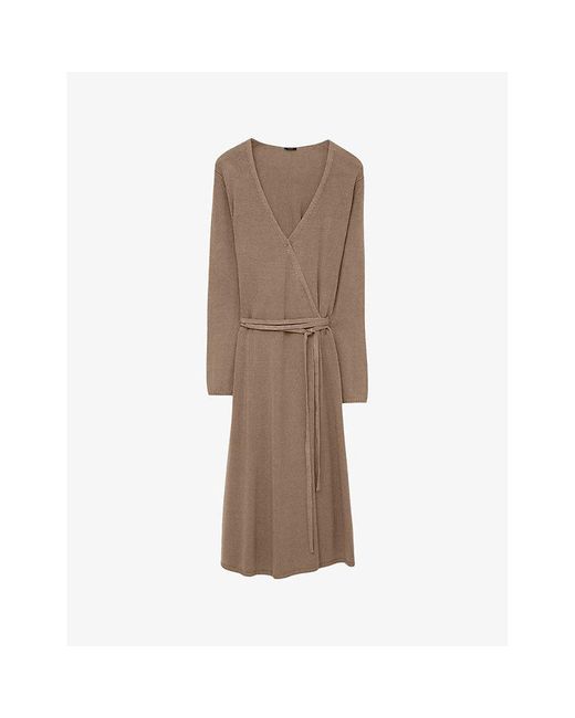 Joseph Brown Wrap-over Long-sleeve Stretch Linen-blend Midi Dress