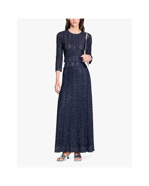 Sandro Blue Cropped Strass-Knit Cardigan