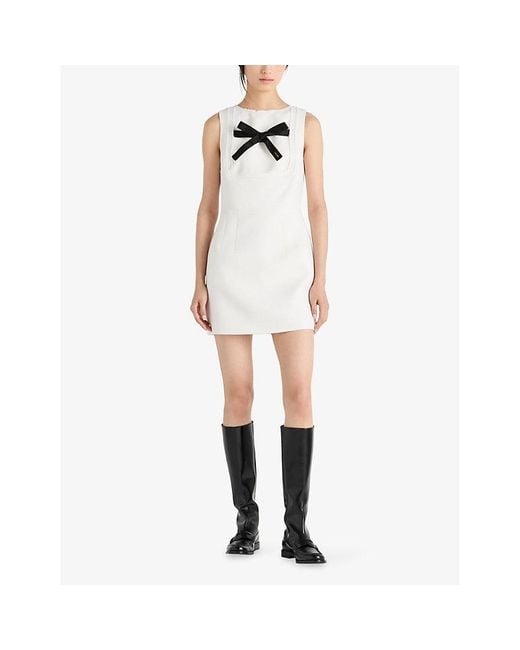 Prada White Natté Bow-Embroidered Virgin-Wool Mini Dress