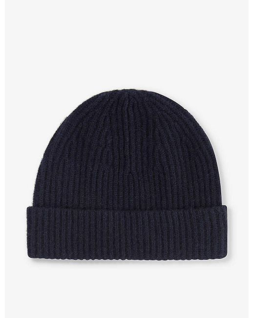 Reiss Blue Guernsey Ribbed Cashmere Beanie Hat for men