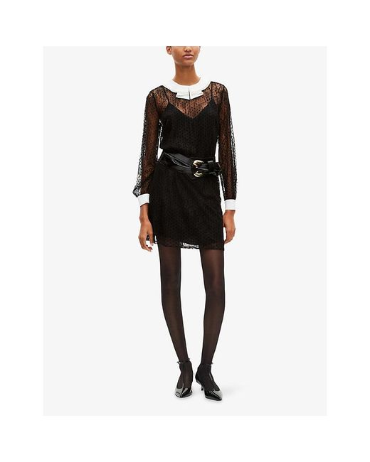 The Kooples Black Lace Contrast-Collar Woven Mini Dress