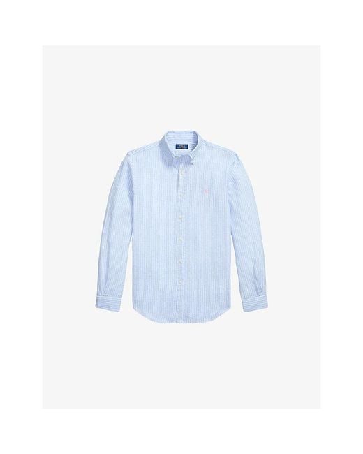 Polo Ralph Lauren Blue Stripe Logo-Embroidered Custom-Fit Linen Shirt for men