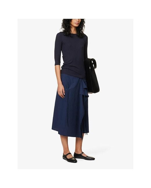 Vince Blue Three Quarter-Length Sleeve Ribbed Stretch-Woven Top