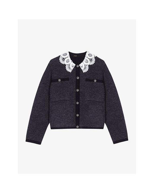 Maje Blue Guipure-collar Knitted Cardigan