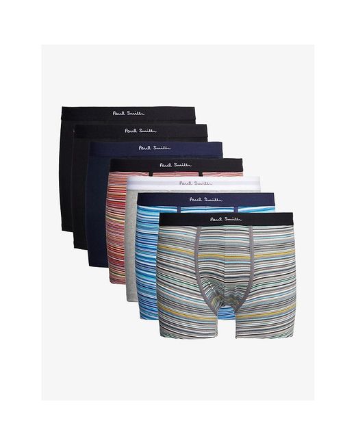 Paul Smith Blue Branded-waistband Pack Of Seven Stretch-organic Cotton Trunks for men