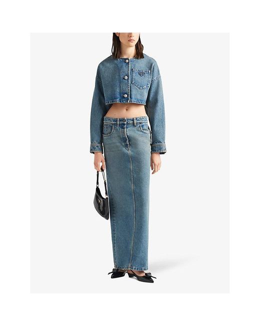Prada Blue Brand-plaque Low-rise Organic-cotton Denim Maxi Skirt